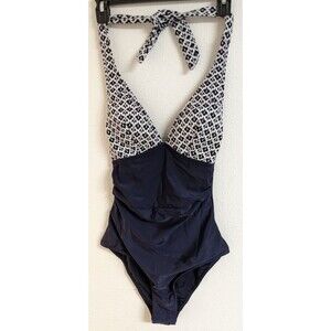 NWT~ CUPSHE Navy/White One Piece "Tummy Contouring" Halter Swimsuit SMALL